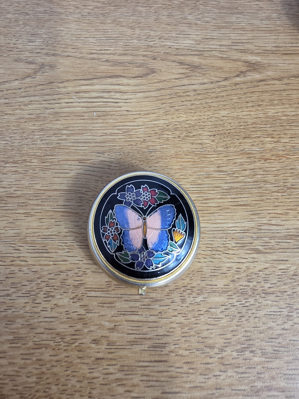 Round Vintage Butterfly Floral Cloisonné Gold-Tone Pill/Trinket Case